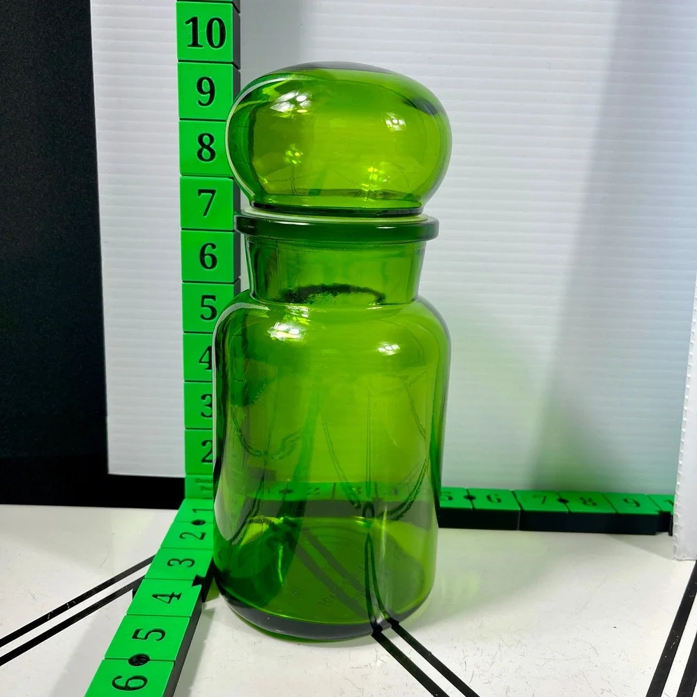 Vintage Belgium‎ Green Glass Apothecary Jar Bubble Lid Canister ~8.5-9